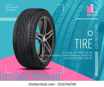 3D Illustration Of Car Tire Isolated On White Background. Advertising. Car Wheel. Black Rubber Tire. Realistic Vector Shining Disk Car  Aluminum Wheel Tyre. Banner. Brochure. Web.