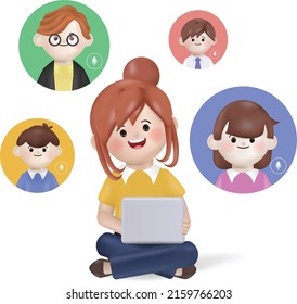 3d illustration cartoon business woman co-working with colleague with video conferencing. 3d vector cartoon people design.