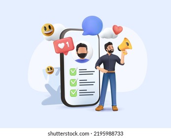 3D illustration of cartoon businessman, man holding megaphone. Blogger 3D character announcing over the loudspeaker through phone. Advertising share concept. SMM, Referral program. Marketing success.