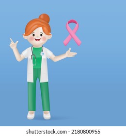 3d illustration cartoon cute doctor woman character presenting a pink ribbon in the breast cancer awareness month.