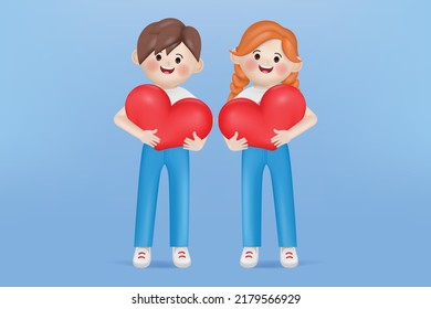 3d illustration cartoon cute woman and man character holding a hart 3d shape. 3d vector cartoon people design.