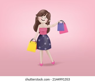 3d illustration cartoon happy woman shopping with many shopping bags. 3d vector cartoon people design.