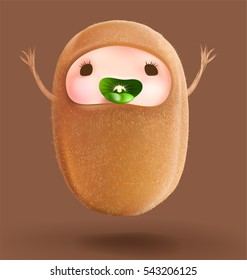 3d illustration cartoon kiwi with face and happiness, isolated on solid colored.