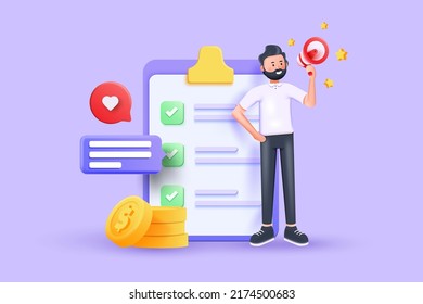 3D illustration of cartoon man holding a megaphone. Blogger character announcing over the loudspeaker by raising his knuckle through phone. Advertising share concept. Vector 3d illustration