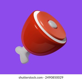 3D illustration of a cartoon meat leg with a bone on a vibrant purple background.