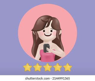 3d illustration cartoon woman beauty blogger get review rating and feedback concept. 3d vector cartoon design.