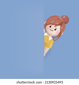 3d illustration cartoon young woman behind the wall character.