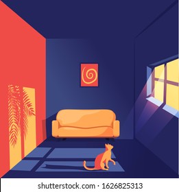 3D illustration of a cat in a room staring at the window. Flat illustration inside an apartment