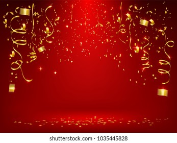 3d illustration celebration background with shiny gold ribbon on red background