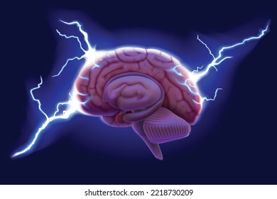 Ilustración 3D de hemisferios cerebrales con relámpago flotando sobre un fondo azul oscuro. educación y ciencia de uso médico.