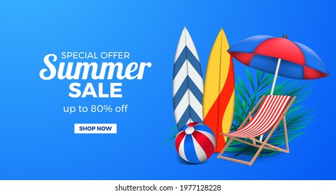 3d illustration chair relax, surfboard, ball and umbrella summer sale offer promotion banner with blue background