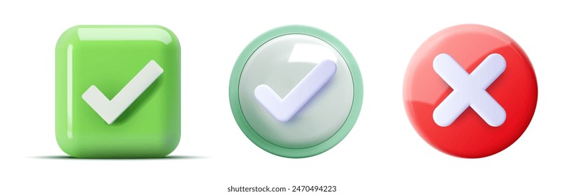 3D illustration of check and cross icons. The image features a green check mark in a square, a green check mark in a circle, and a red cross in a circle, representing approval and rejection. Vector