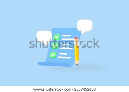 3D illustration of a checklist with a green check mark Yellow pencils and speech bubbles are placed on a light blue background. Vector illustration