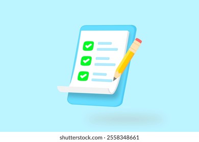 3D illustration of a checklist on a clipboard with a green check mark and a yellow pencil. It is a symbol of completed and productive work. Vector illustration