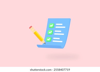 3D illustration of a checklist on a clipboard with a green check mark and a pencil on a pink background. It symbolizes the integrity of the work and organization. Vector illustration