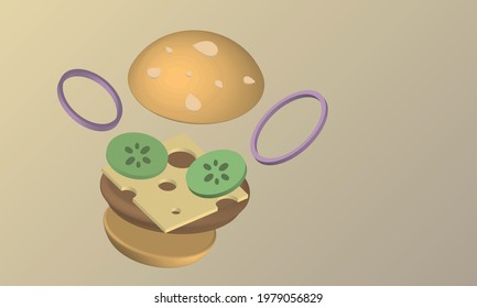 Ilustración 3D de una hamburguesa de queso sobre fondo marrón