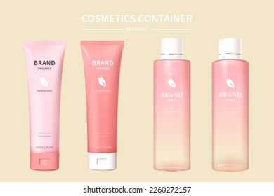 3D illustration of cherry blossom cosmetic container element set. Including pink and light pink tube alongside with gradient glass bottles isolated on beige background