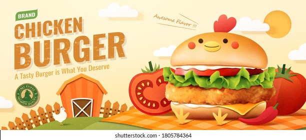 3d illustration of chicken burger ad banner, burger over a picnic plaid in the farm with chili and tomatoes