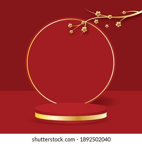 3D illustration Chinese New Year red and golden theme product display podium with branch of flower