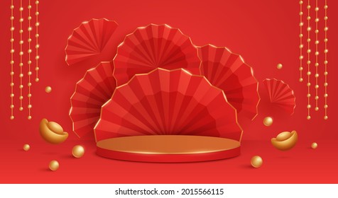 Ilustración 3D de la escena del podio del Año Nuevo chino rojo y dorado con estilo gráfico de papel de elementos festivos orientales en el fondo para la exposición de productos. Amplio espacio para el diseño.

