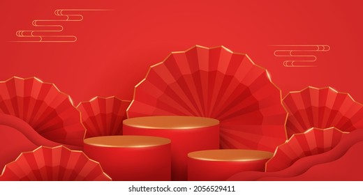 3D illustration of Chinese New Year red and golden theme podium scene with paper graphic style of oriental festive elements on background for product display. Wide copy space for design.

