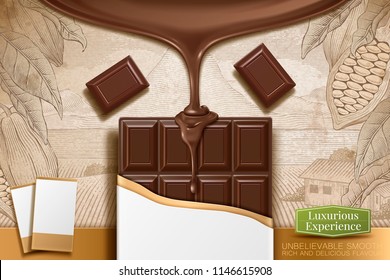 3d illustration chocolate bar with blank package on retro engraving cocoa background