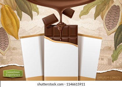 3d illustration chocolate bar with blank package on retro engraving cocoa background