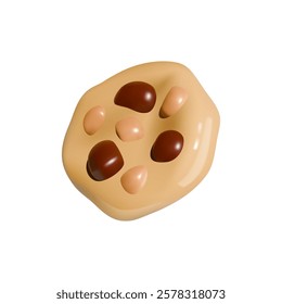3D illustration of a chocolate chip cookie with a soft texture and glossy chocolate chips, isolated. Sweet dessert and snack concept.