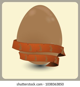 3D Illustration of a Chocolate Easter Egg with Vintage Banner with Bunnies Background