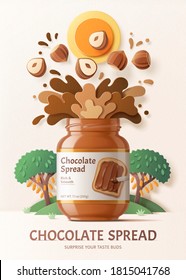 3d illustration Chocolate spread ads with splashing sauce from the bottle and trees elements in paper art style, white background