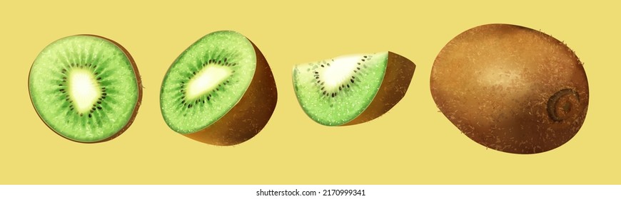 3D Illustration of chopped pieces of green kiwifruit and whole kiwi isolated on yellow background