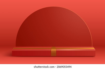 3D illustration of Christmas rectangle gift box podium stage with round blank card isolated on plain background.