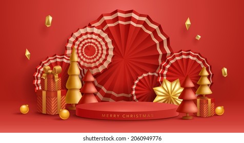 3D illustration of Christmas red and golden theme product display background with paper fan, Christmas festive decoration and podium.