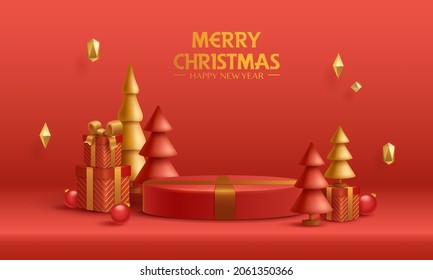 3D illustration of Christmas red and golden theme product display background with Christmas festive decoration and podium.