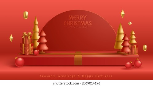 3D illustration of Christmas red and golden theme product display background with Christmas festive decoration and podium.