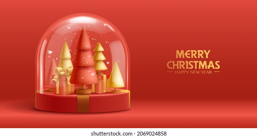 3D illustration of Christmas red and golden theme product display background with Christmas festive decoration and podium.