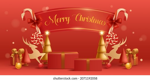 3D illustration of Christmas red and golden theme product display background with Christmas festive decoration and podium.