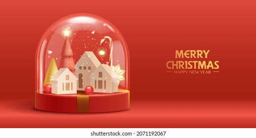 3D illustration of Christmas red and golden theme product display background with Christmas festive decoration and podium.