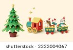 3D Illustration of a Christmas tree in pot and toy train loaded with festive freight and animal passenger isolated on yellow background