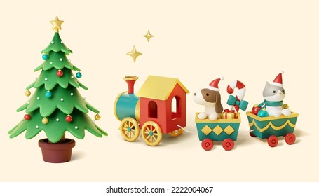 3D Illustration of a Christmas tree in pot and toy train loaded with festive freight and animal passenger isolated on yellow background - Shutterstock ID 2222004067