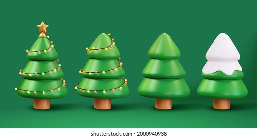 3d illustration of Christmas trees. Holiday elements isolated on green background. Two with beautiful ornaments, one covered with snow and one without.