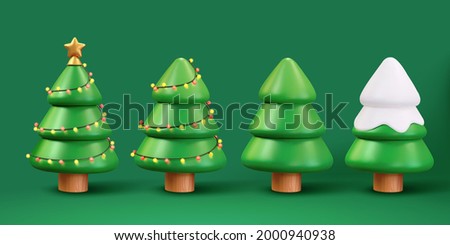 3d illustration of Christmas trees. Holiday elements isolated on green background. Two with beautiful ornaments, one covered with snow and one without.