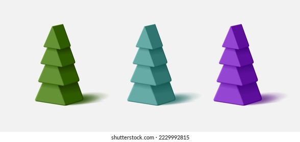 3d illustration of Christmas trees, set of volume cones stylized shapes