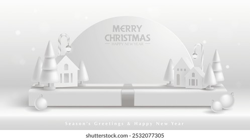 Ilustración 3D de Navidades de fondo de pantalla de productos de tema blanco con Navidades decoración festiva y podio.