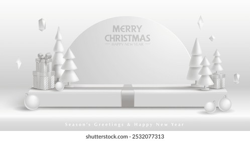 Ilustração 3D do fundo da exposição do produto do tema branco do Natal com a decoração festiva do Natal e o pódio.