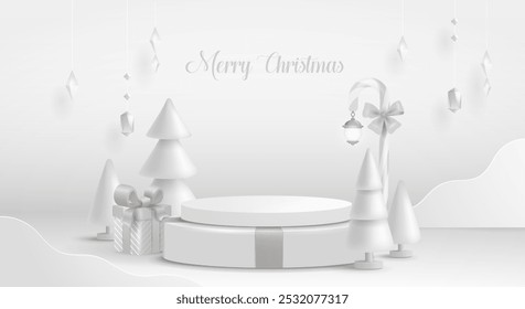 3D illustration of Christmas white theme product display background with Christmas festive decoration and podium.