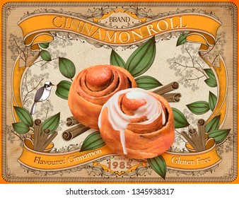 3d illustration cinnamon rolls on vintage garden wood cut style background