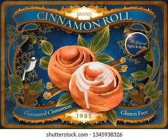 3d illustration cinnamon rolls on blue vintage garden wood cut style background