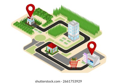 Ilustración 3D de un mapa de la ciudad con casas, un supermercado y carreteras sinuosas marcadas con pines rojos, ideales para temas de entrega y navegación urbana.