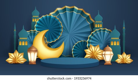 3D illustration of classic blue Muslim Islamic festival theme product display background with crescent moon and Islamic decorations.